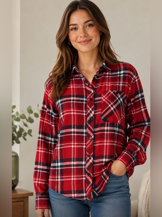 Eddie Bauer Tops - Eddie Bauer Red Plaid Long Sleeve Shirt Women's Size Large Western Rodeo